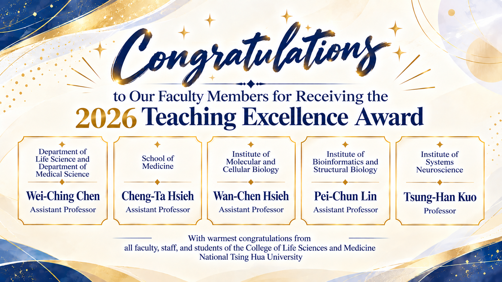 Congratulations to Dr. Cheng-Ta Hsieh of our department on winning the Excellent Teaching Award for the year 2026!